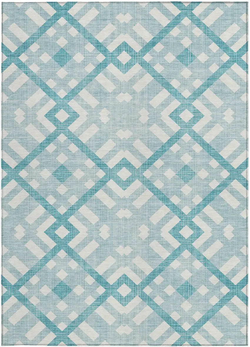 Teal Blue Aqua And Ivory Geometric Washable Indoor Outdoor Area Rug Photo 5