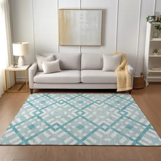 Teal Blue Aqua And Ivory Geometric Washable Indoor Outdoor Area Rug Photo 7
