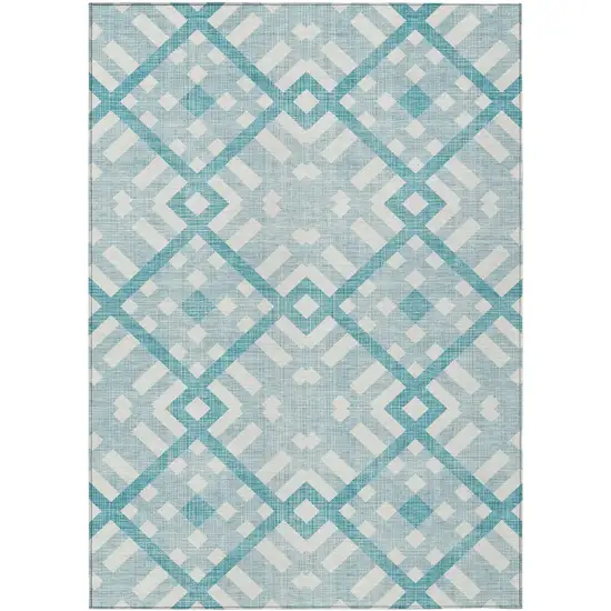Teal Blue Aqua And Ivory Geometric Washable Indoor Outdoor Area Rug Photo 1