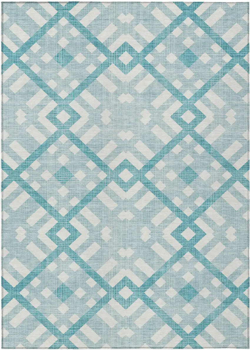 Teal Blue Aqua And Ivory Geometric Washable Indoor Outdoor Area Rug Photo 1