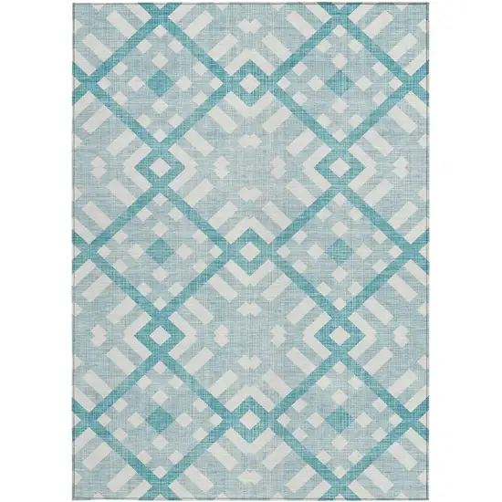 Teal Blue Aqua And Ivory Geometric Washable Indoor Outdoor Area Rug Photo 3