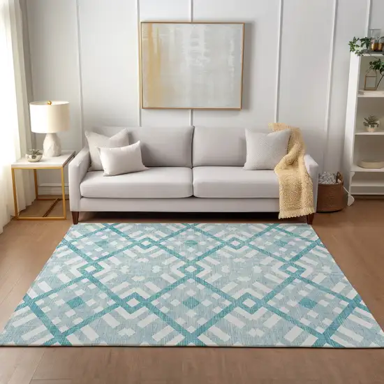 Teal Blue Aqua And Ivory Geometric Washable Indoor Outdoor Area Rug Photo 5