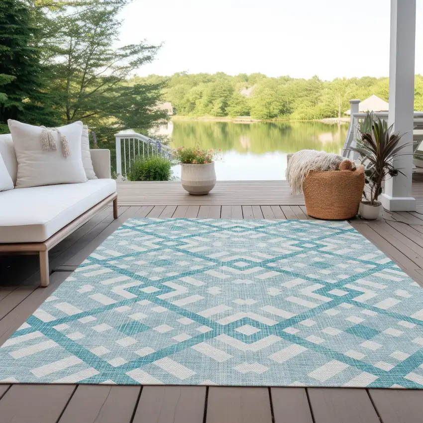 Teal Blue Aqua And Ivory Geometric Washable Indoor Outdoor Area Rug Photo 4