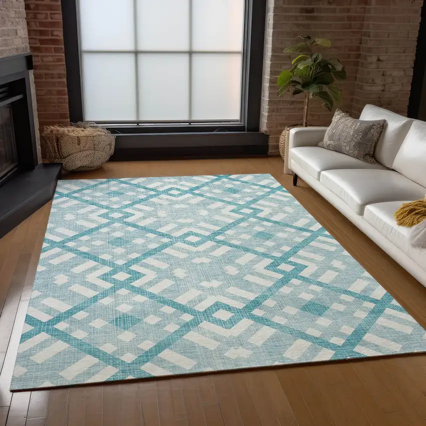 Teal Blue Aqua And Ivory Geometric Washable Indoor Outdoor Area Rug Photo 7