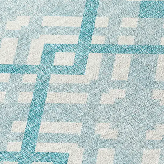 Teal Blue Aqua And Ivory Geometric Washable Indoor Outdoor Area Rug Photo 9