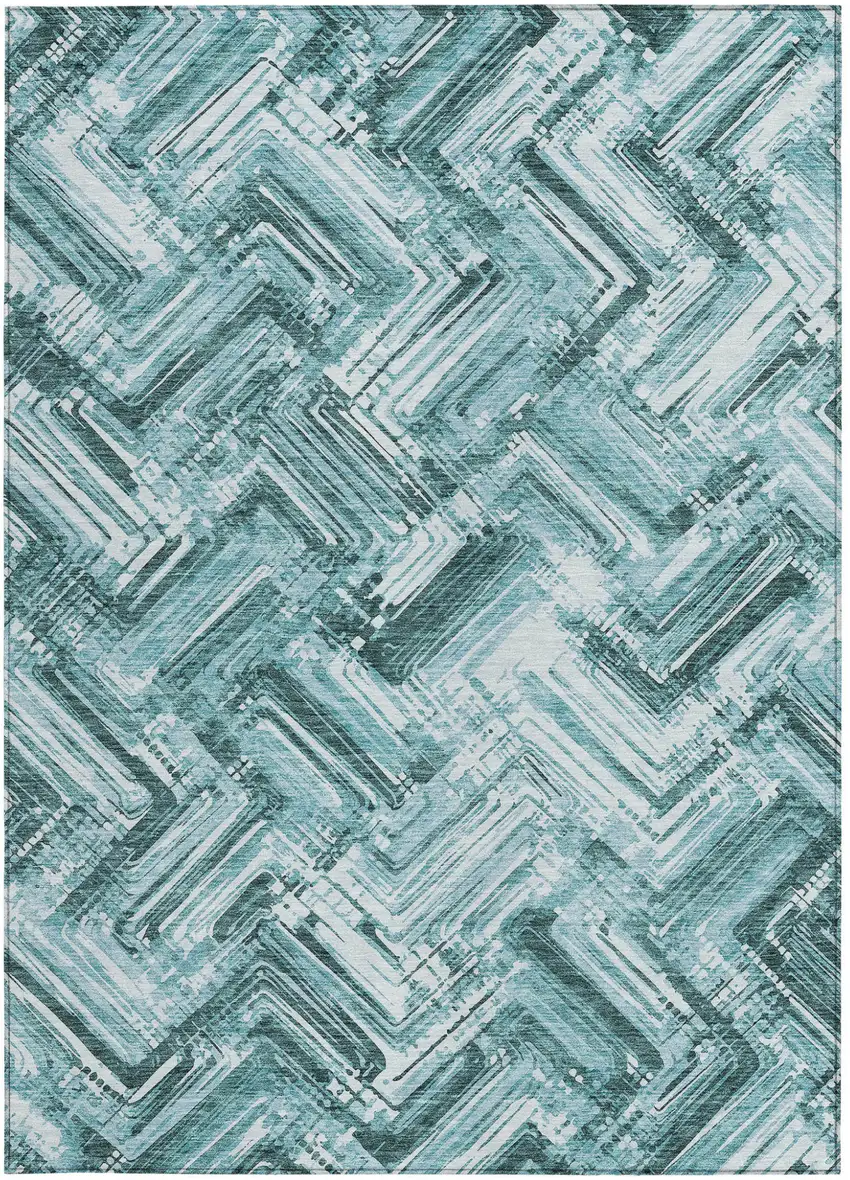 Teal Blue Aqua And Ivory Geometric Washable Indoor Outdoor Area Rug Photo 6