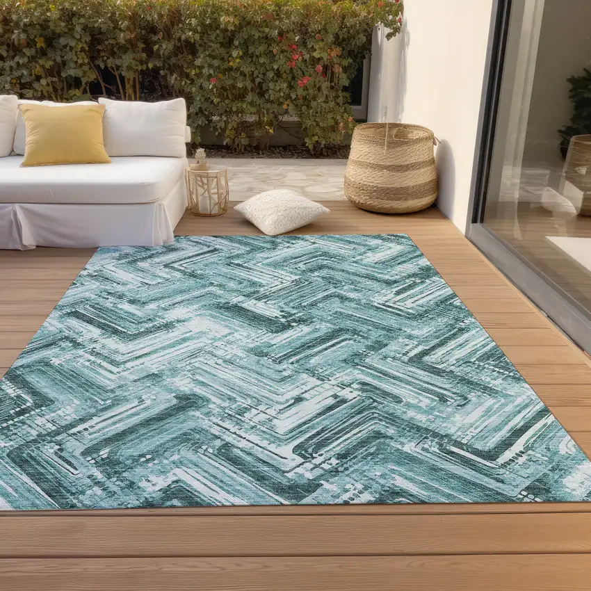 Teal Blue Aqua And Ivory Geometric Washable Indoor Outdoor Area Rug Photo 9