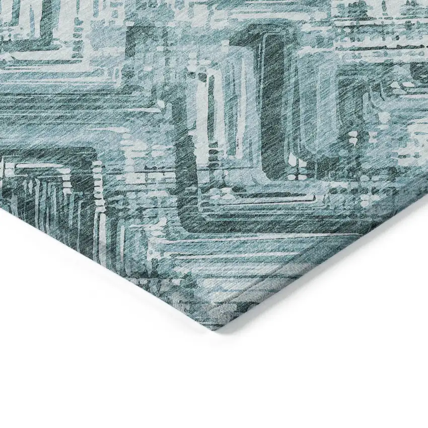 Teal Blue Aqua And Ivory Geometric Washable Indoor Outdoor Area Rug Photo 4