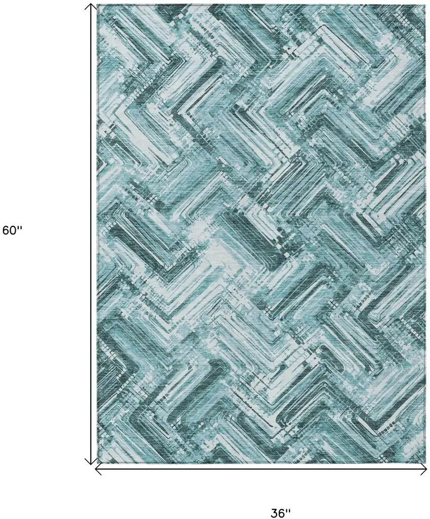 Teal Blue Aqua And Ivory Geometric Washable Indoor Outdoor Area Rug Photo 3