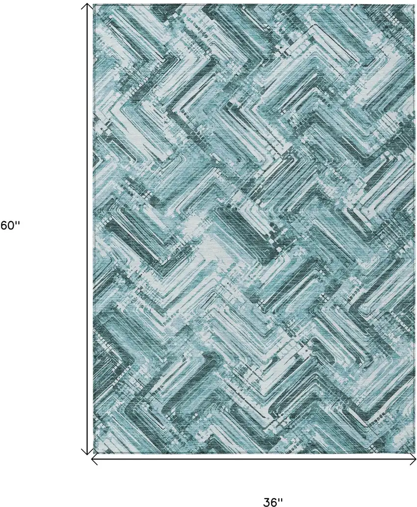 Teal Blue Aqua And Ivory Geometric Washable Indoor Outdoor Area Rug Photo 3