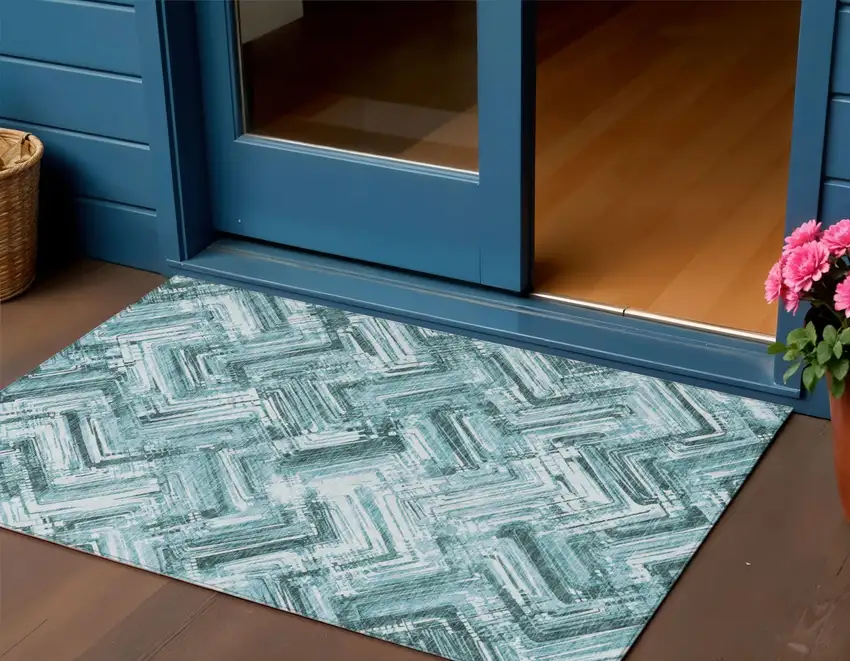 Teal Blue Aqua And Ivory Geometric Washable Indoor Outdoor Area Rug Photo 1