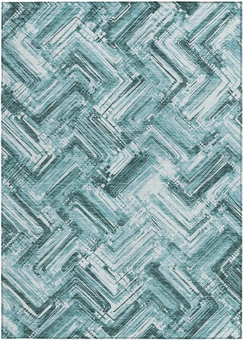 Teal Blue Aqua And Ivory Geometric Washable Indoor Outdoor Area Rug Photo 5