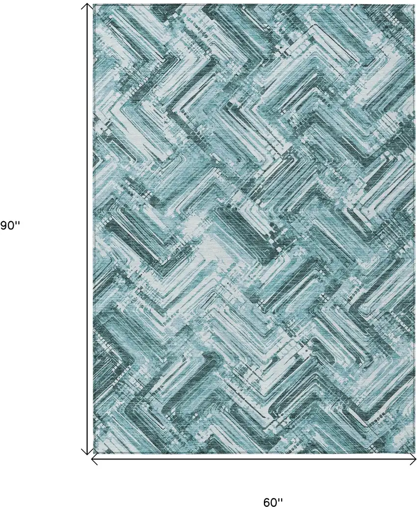 Teal Blue Aqua And Ivory Geometric Washable Indoor Outdoor Area Rug Photo 9