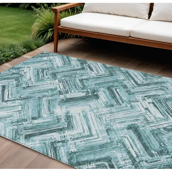 Teal Blue Aqua And Ivory Geometric Washable Indoor Outdoor Area Rug Photo 1