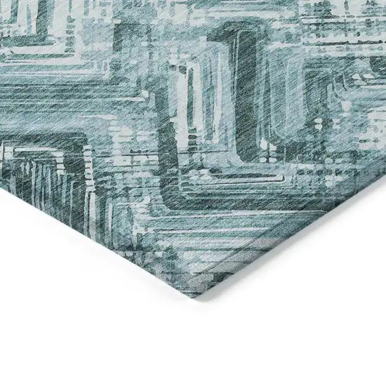 Teal Blue Aqua And Ivory Geometric Washable Indoor Outdoor Area Rug Photo 3
