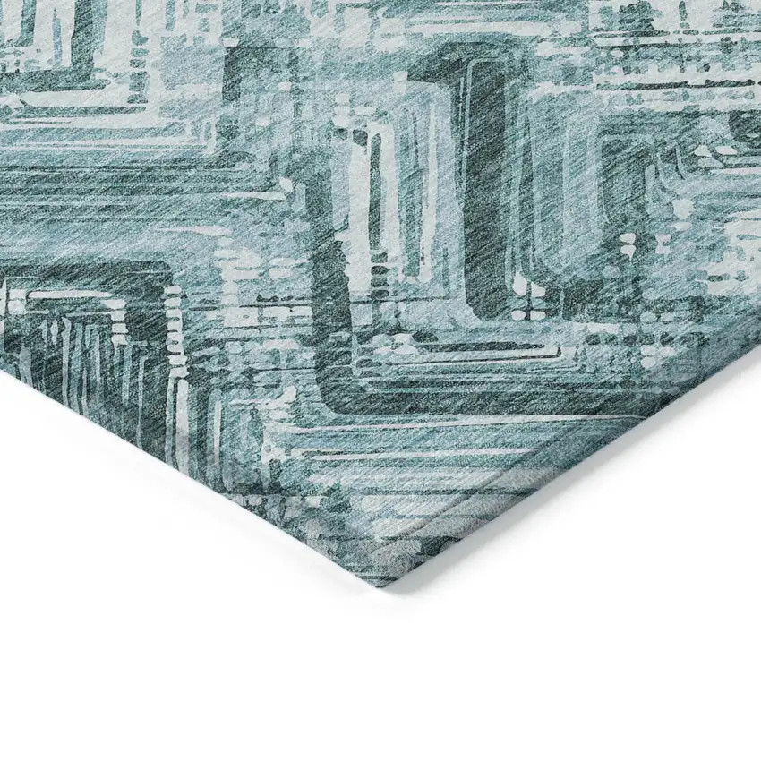 Teal Blue Aqua And Ivory Geometric Washable Indoor Outdoor Area Rug Photo 3