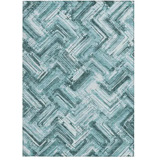 Teal Blue Aqua And Ivory Geometric Washable Indoor Outdoor Area Rug Photo 5