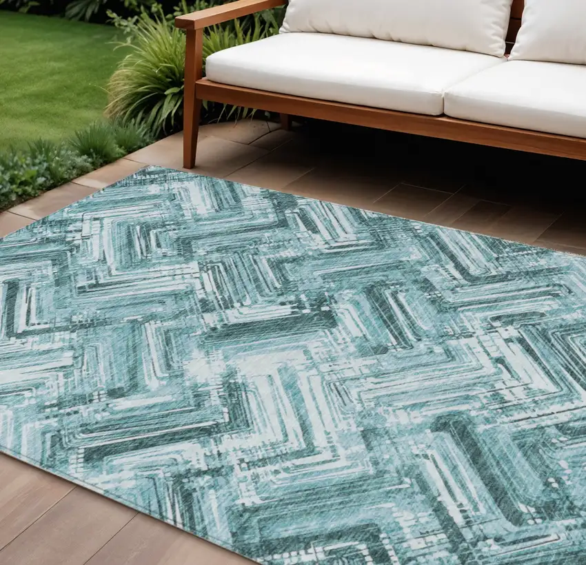 Teal Blue Aqua And Ivory Geometric Washable Indoor Outdoor Area Rug Photo 1