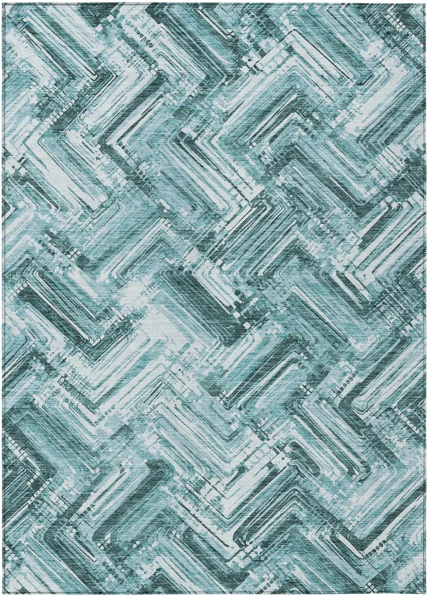 Teal Blue Aqua And Ivory Geometric Washable Indoor Outdoor Area Rug Photo 1