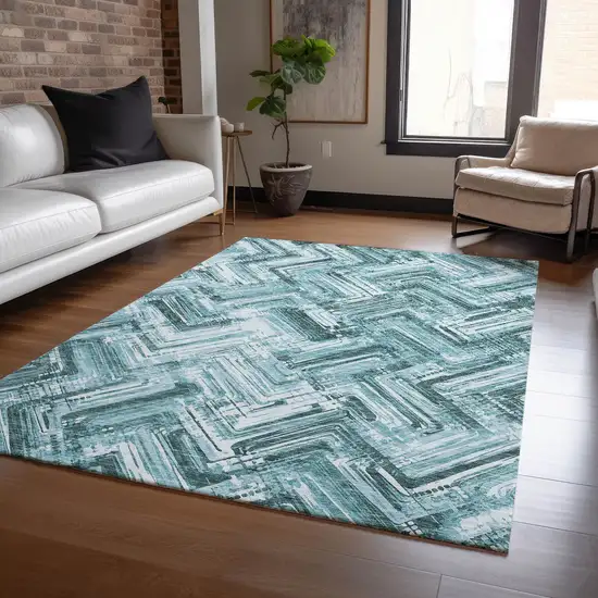 Teal Blue Aqua And Ivory Geometric Washable Indoor Outdoor Area Rug Photo 7