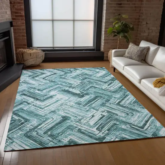 Teal Blue Aqua And Ivory Geometric Washable Indoor Outdoor Area Rug Photo 8
