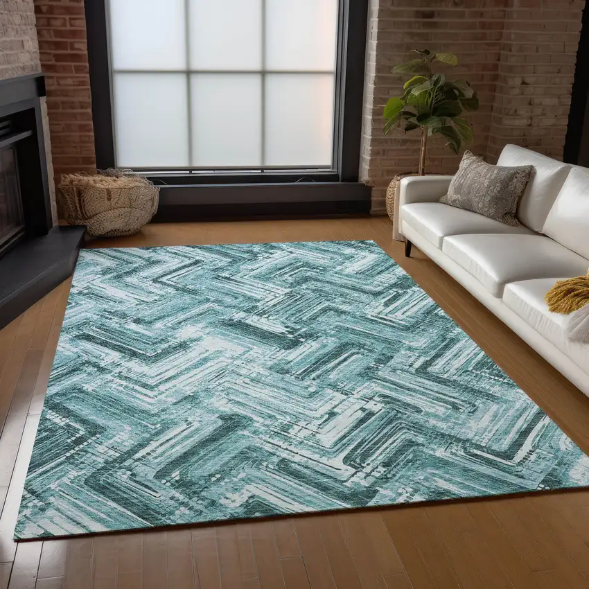 Teal Blue Aqua And Ivory Geometric Washable Indoor Outdoor Area Rug Photo 8