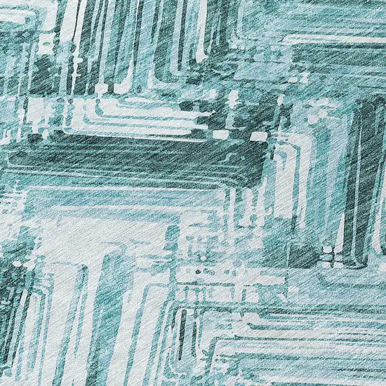 Teal Blue Aqua And Ivory Geometric Washable Indoor Outdoor Area Rug Photo 4