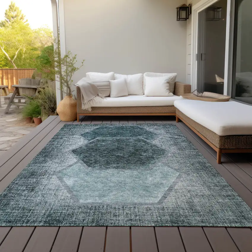 Teal Blue Aqua And Ivory Geometric Washable Indoor Outdoor Area Rug Photo 7