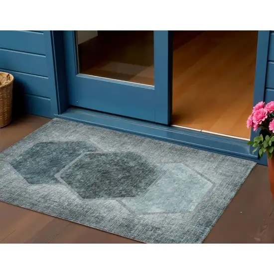 Teal Blue Aqua And Ivory Geometric Washable Indoor Outdoor Area Rug Photo 1