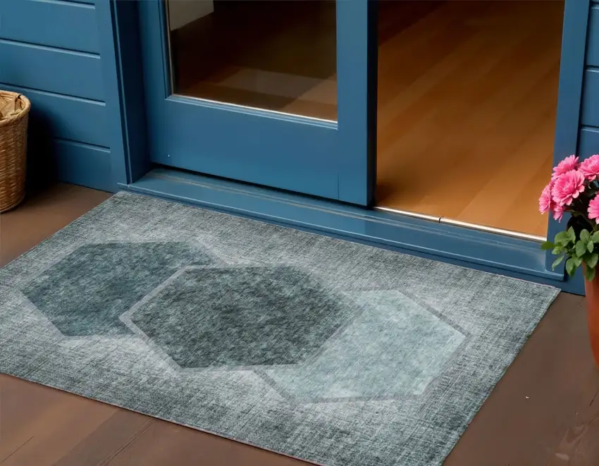 Teal Blue Aqua And Ivory Geometric Washable Indoor Outdoor Area Rug Photo 1