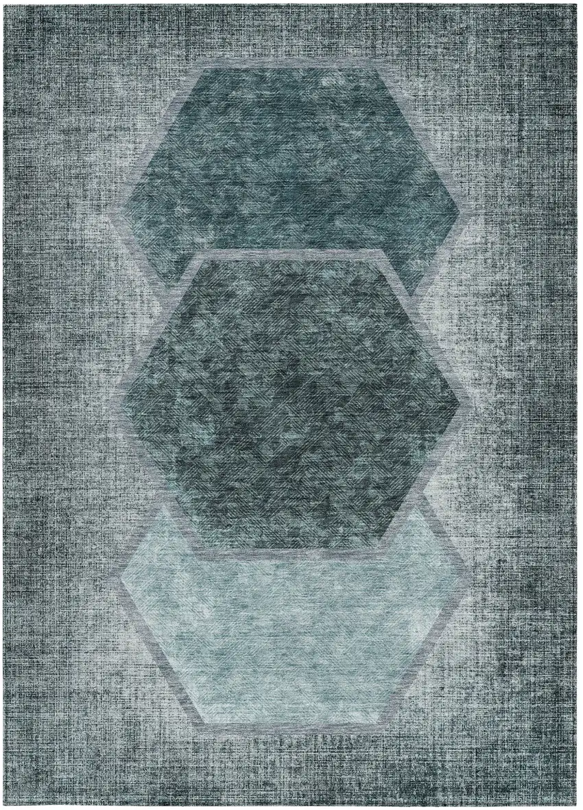 Teal Blue Aqua And Ivory Geometric Washable Indoor Outdoor Area Rug Photo 6