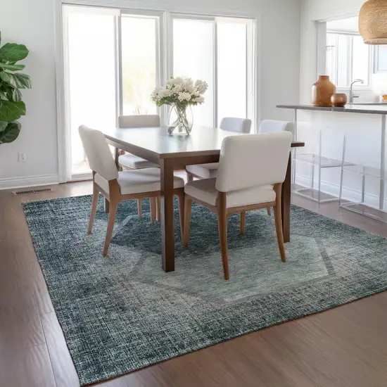 Teal Blue Aqua And Ivory Geometric Washable Indoor Outdoor Area Rug Photo 9
