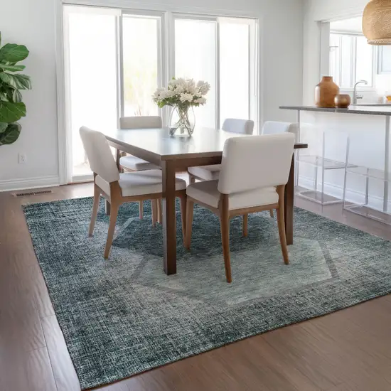 Teal Blue Aqua And Ivory Geometric Washable Indoor Outdoor Area Rug Photo 9