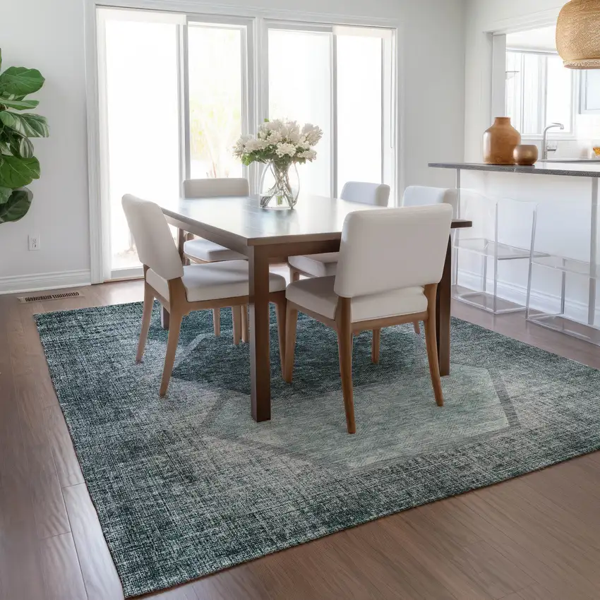 Teal Blue Aqua And Ivory Geometric Washable Indoor Outdoor Area Rug Photo 9