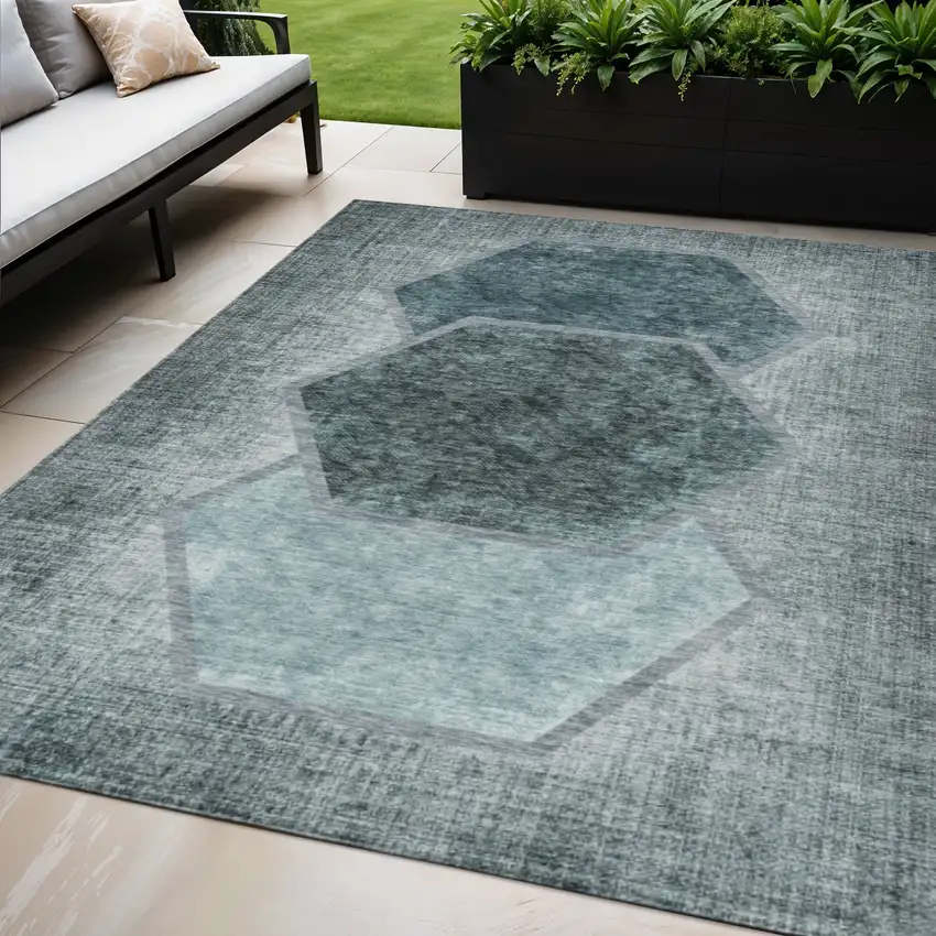 Teal Blue Aqua And Ivory Geometric Washable Indoor Outdoor Area Rug Photo 1