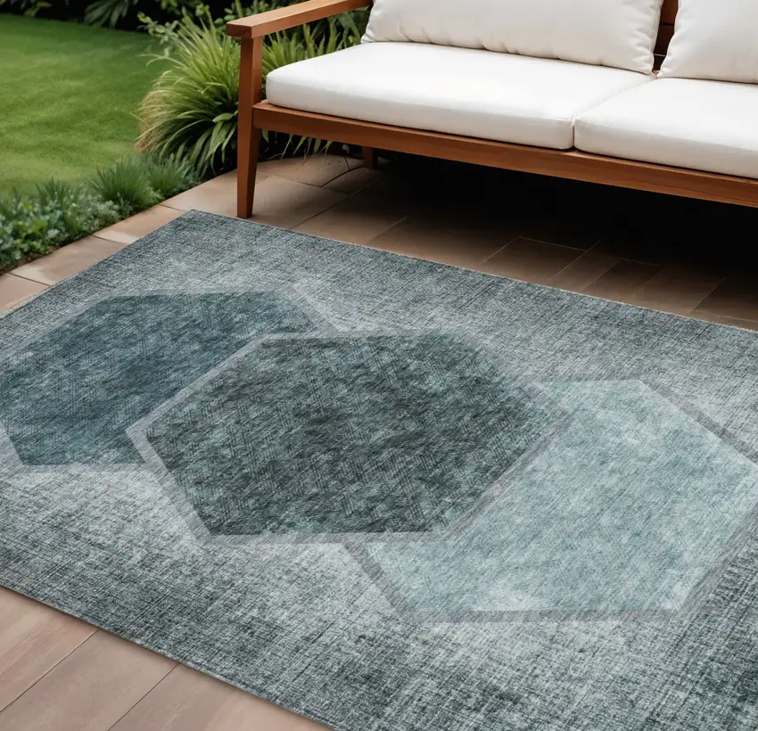 Teal Blue Aqua And Ivory Geometric Washable Indoor Outdoor Area Rug Photo 1