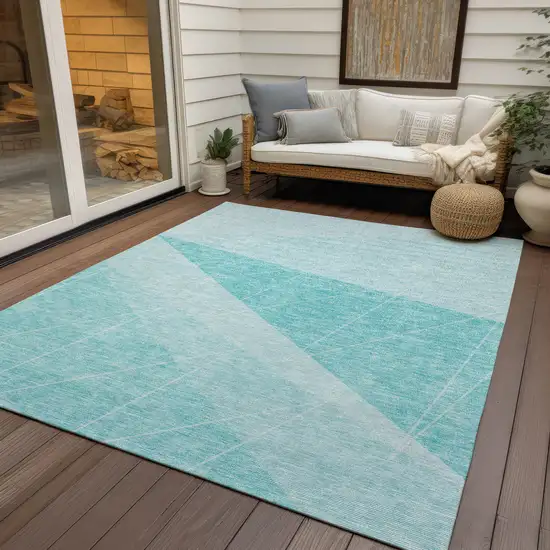 Teal Blue Aqua And Ivory Geometric Washable Indoor Outdoor Area Rug Photo 6