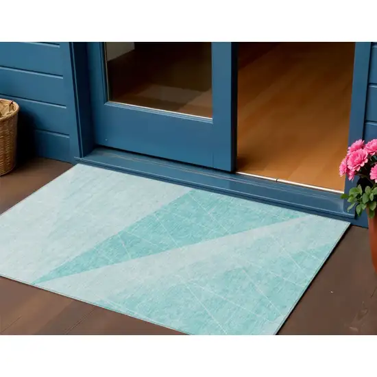 Teal Blue Aqua And Ivory Geometric Washable Indoor Outdoor Area Rug Photo 1