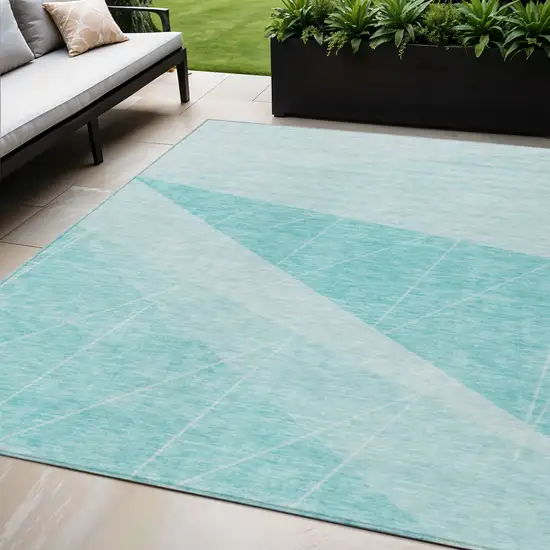 Teal Blue Aqua And Ivory Geometric Washable Indoor Outdoor Area Rug Photo 1