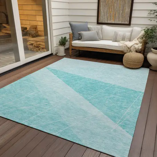 Teal Blue Aqua And Ivory Geometric Washable Indoor Outdoor Area Rug Photo 7