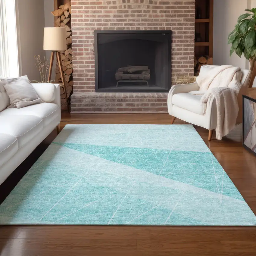 Teal Blue Aqua And Ivory Geometric Washable Indoor Outdoor Area Rug Photo 8