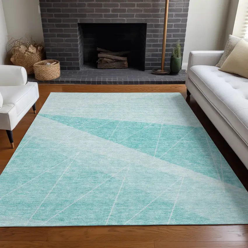 Teal Blue Aqua And Ivory Geometric Washable Indoor Outdoor Area Rug Photo 7