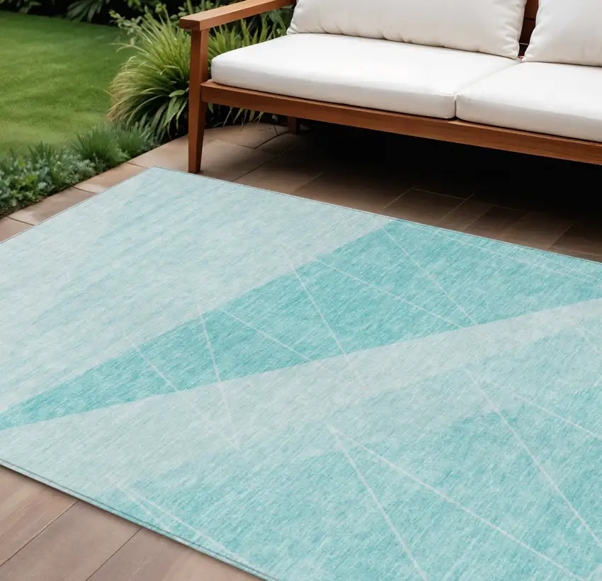 Teal Blue Aqua And Ivory Geometric Washable Indoor Outdoor Area Rug Photo 1