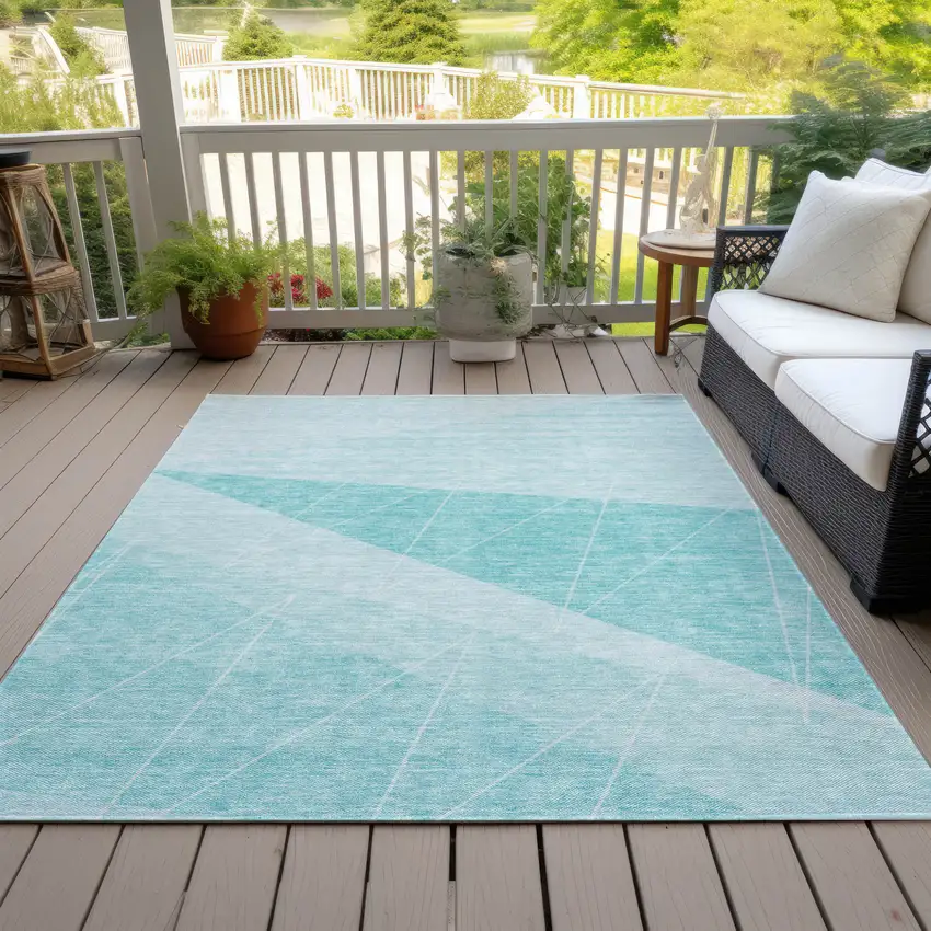 Teal Blue Aqua And Ivory Geometric Washable Indoor Outdoor Area Rug Photo 9
