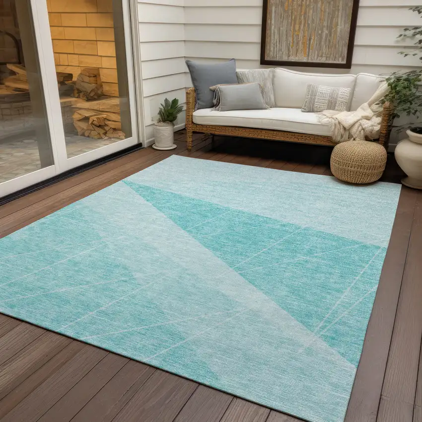 Teal Blue Aqua And Ivory Geometric Washable Indoor Outdoor Area Rug Photo 7