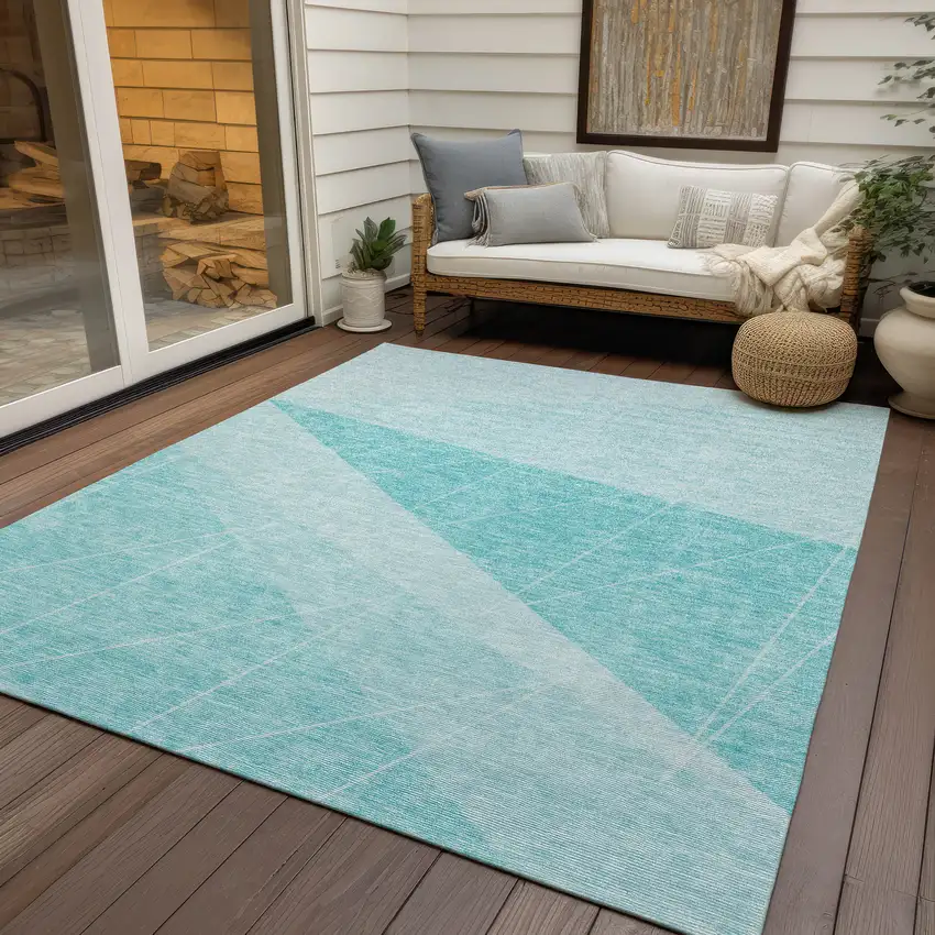 Teal Blue Aqua And Ivory Geometric Washable Indoor Outdoor Area Rug Photo 7