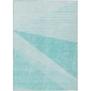 Photo of Teal Blue Aqua And Ivory Geometric Washable Indoor Outdoor Area Rug