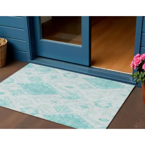 Teal Blue Aqua And Ivory Moroccan Washable Indoor Outdoor Area Rug Photo 1