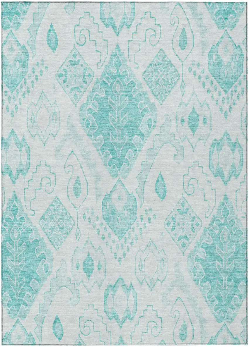 Teal Blue Aqua And Ivory Moroccan Washable Indoor Outdoor Area Rug Photo 2