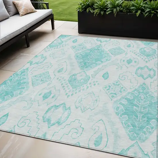 Teal Blue Aqua And Ivory Moroccan Washable Indoor Outdoor Area Rug Photo 1